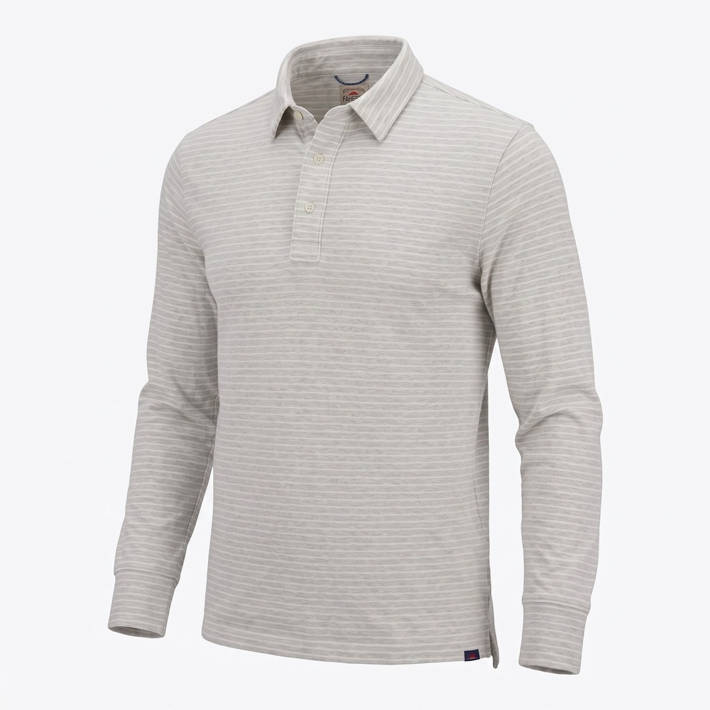 Faherty Madaket Stripe Long-Sleeve Polo Mens Large Grey White Pima Cotton Blend